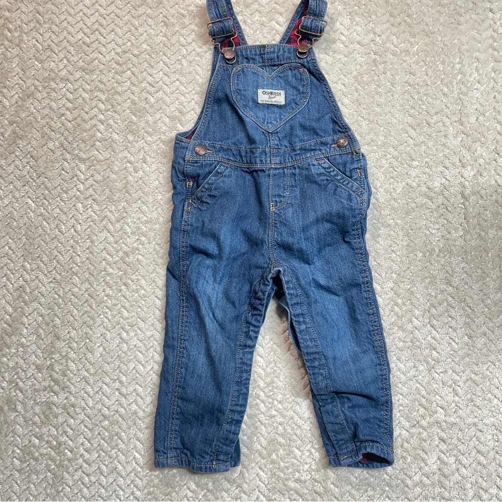 Oshkosh BGosh Vestback Buffalo Plaid Lined‎ Overalls Heart Pocket Girls 18 mos